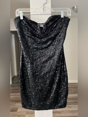Bear Dance Black Sequin Strapless Cocktail Mini Dress.